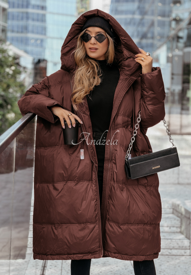 Dlh&aacute; p&aacute;perov&aacute; bunda s kapucňou Coldest Of Times čokol&aacute;dov&aacute;