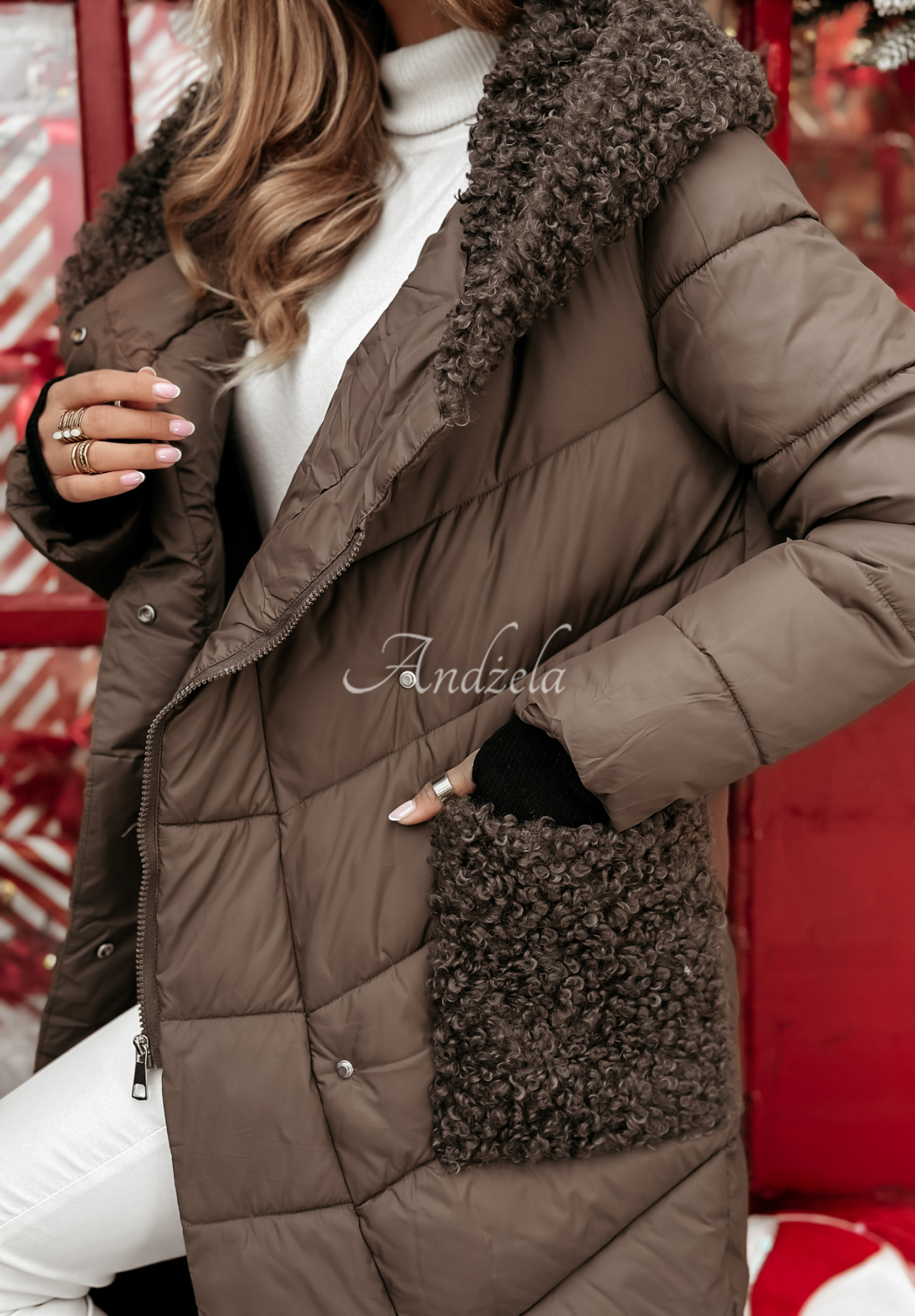 Dlhá prešívaná bunda s kožušinou Long Cold Winter čokoládová