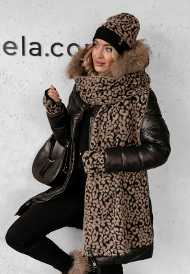 Súprava čiapka, šál, rukavice 3in1 s leopardím vzorom Wild Winter Mokka