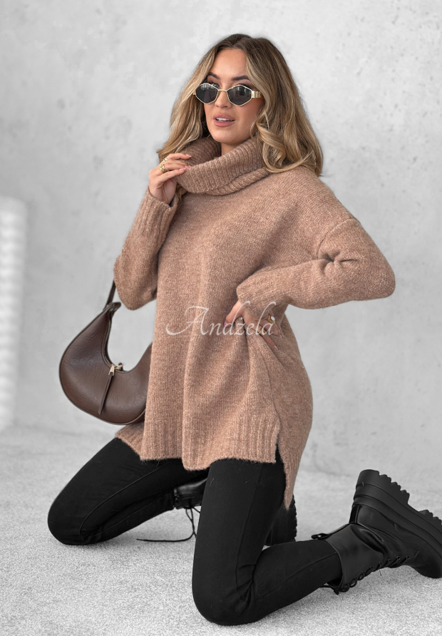 Sveter oversize s rol&aacute;kom Benin Mokka