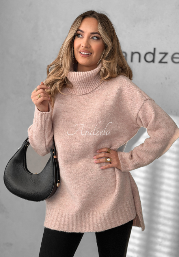 Sveter oversize s rol&aacute;kom Benin p&uacute;drovo ružov&aacute;