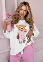 Mikina oversize z nadrukiem Sweet Teddy Biela