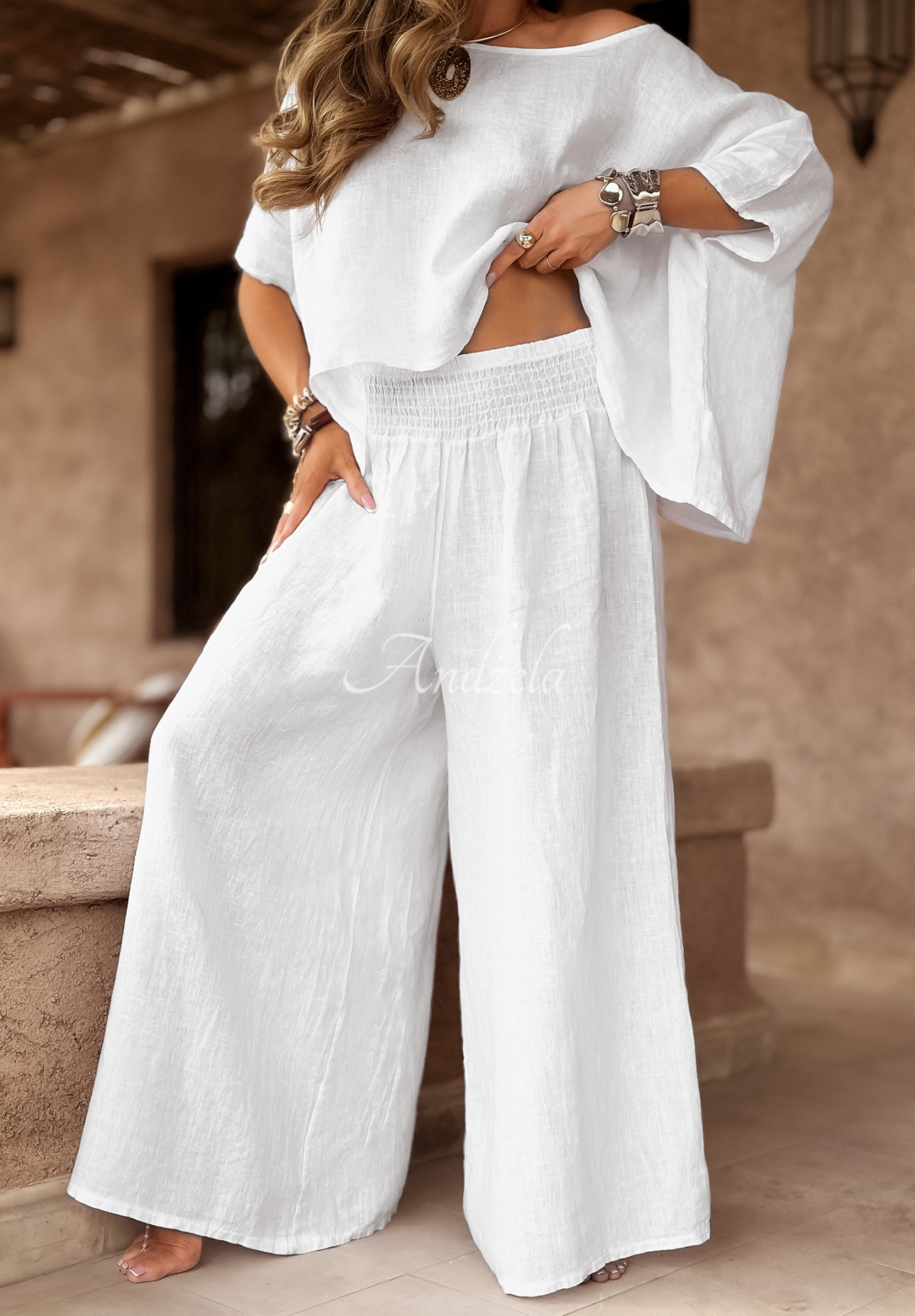 Ľanová súprava blúzka a nohavice wide leg Desert Princess Biela