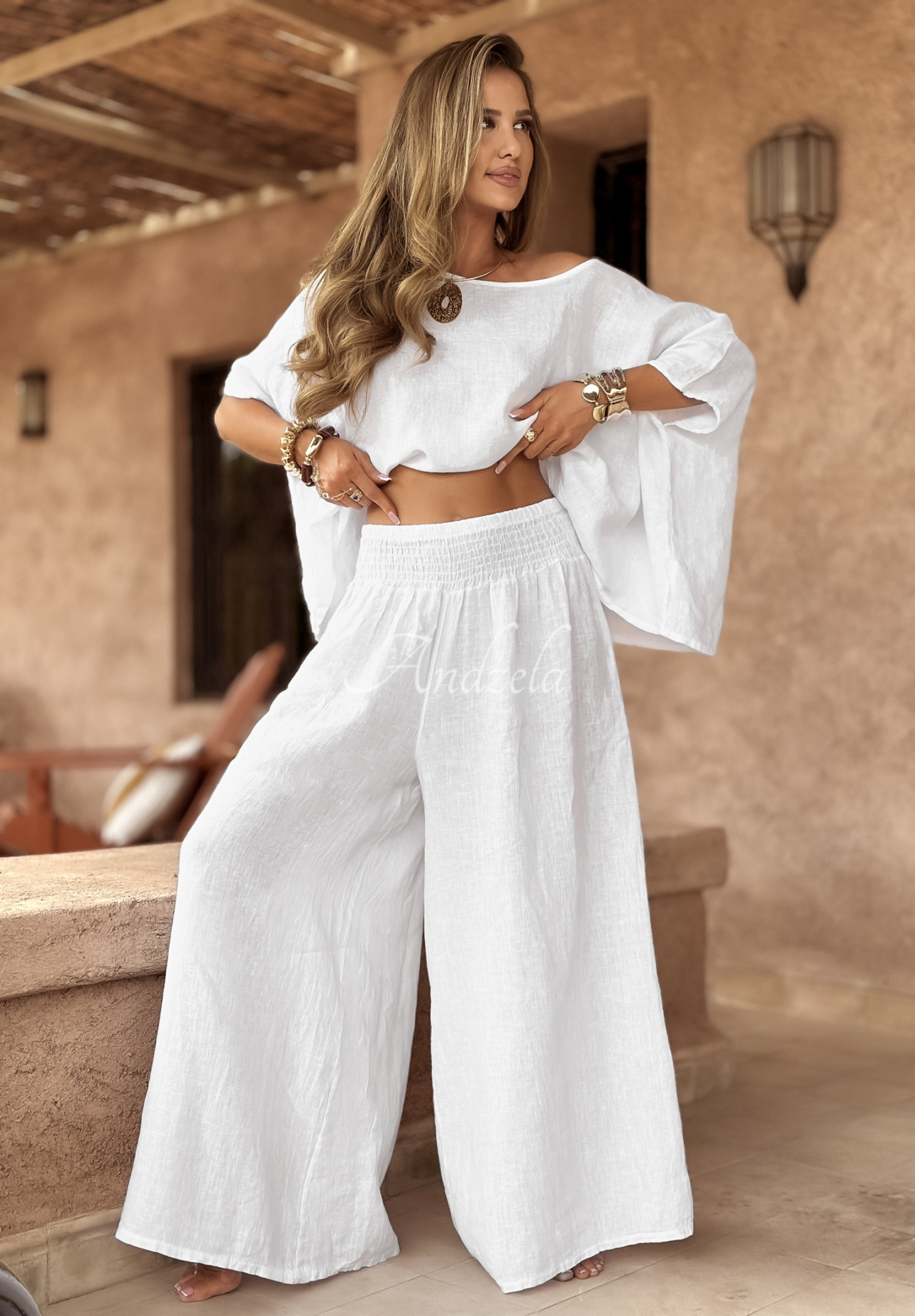Ľanová súprava blúzka a nohavice wide leg Desert Princess Biela