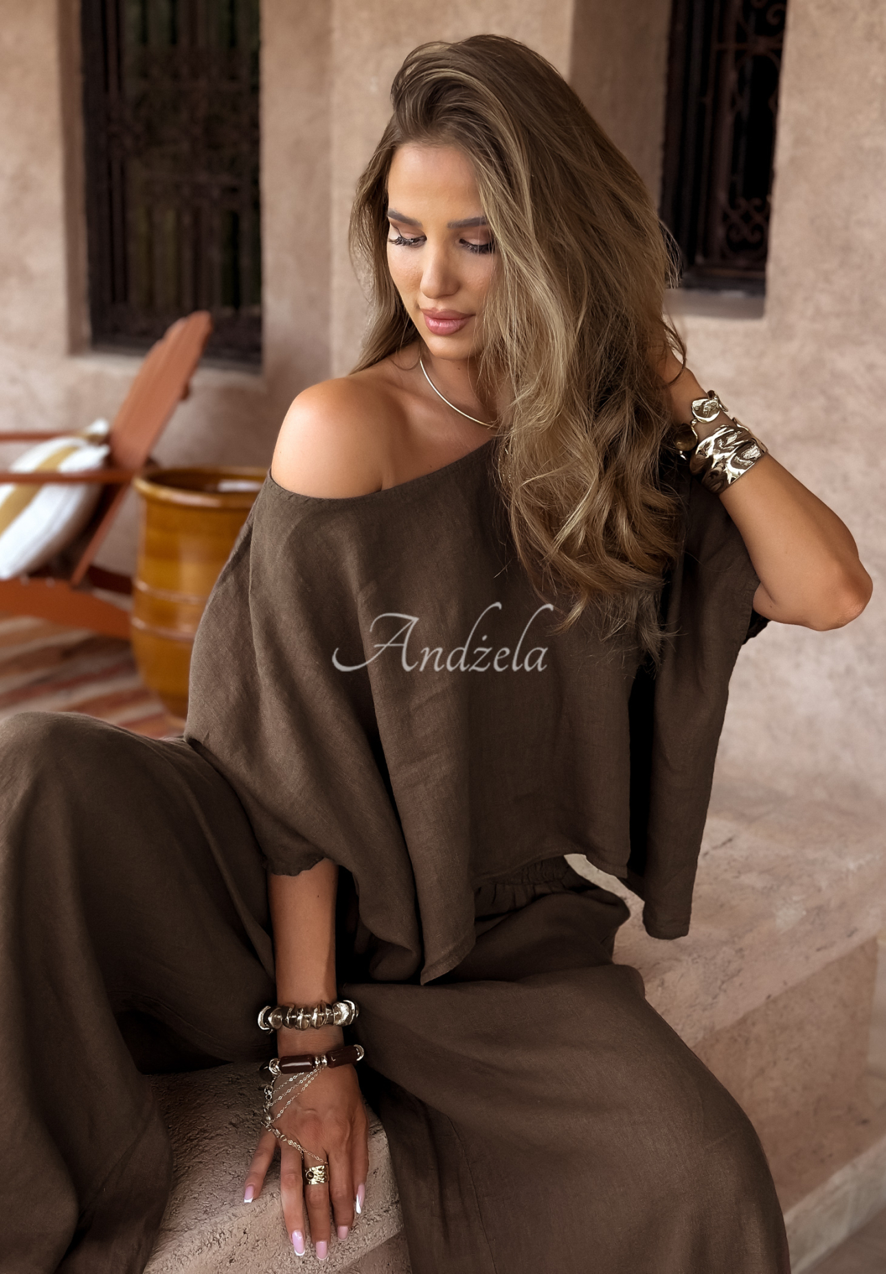 Ľanová súprava blúzka a nohavice wide leg Desert Princess čokoládový