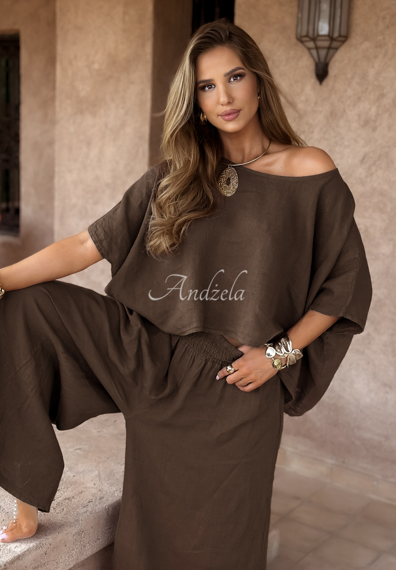Ľanová súprava blúzka a nohavice wide leg Desert Princess čokoládový