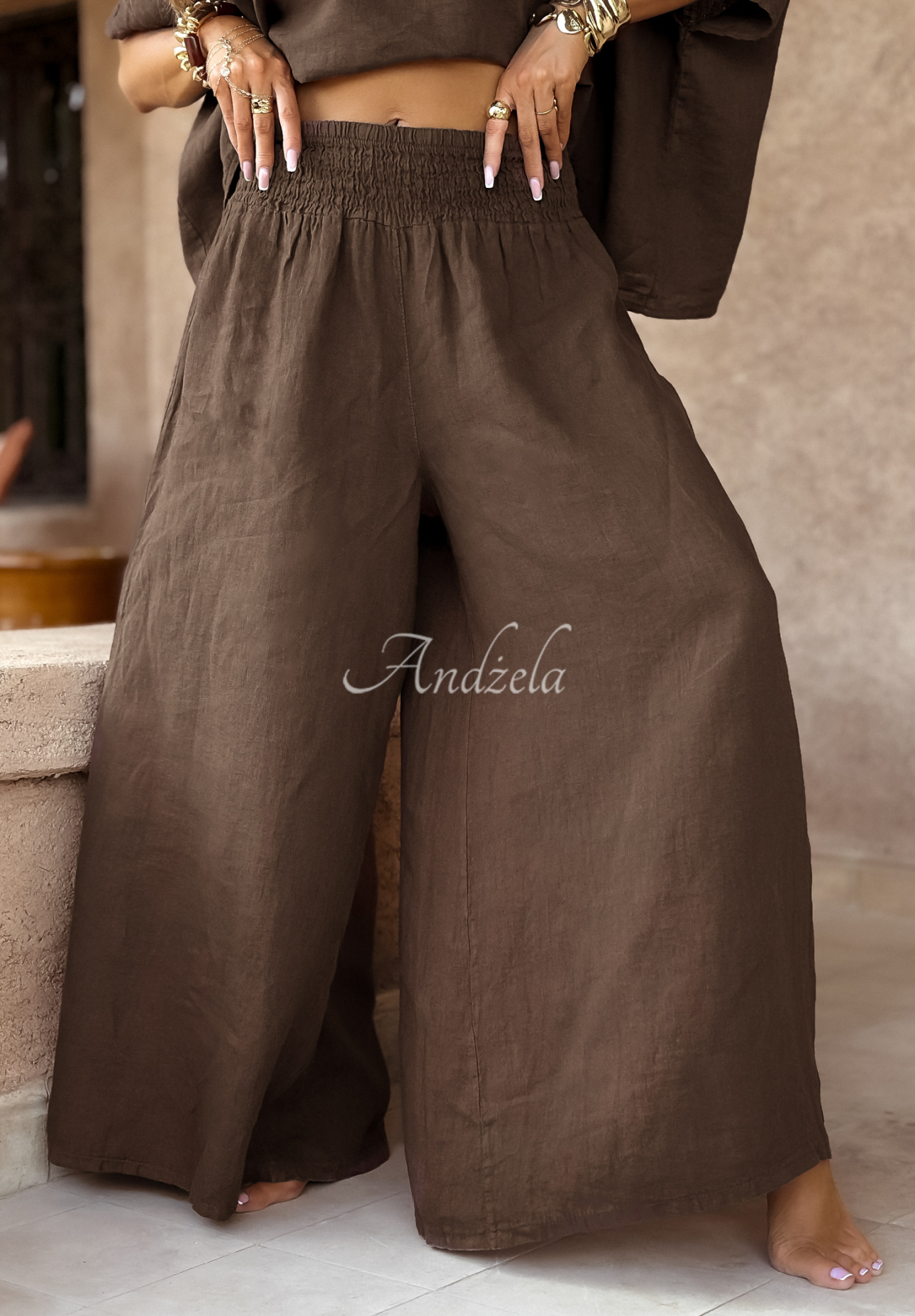Ľanová súprava blúzka a nohavice wide leg Desert Princess čokoládový