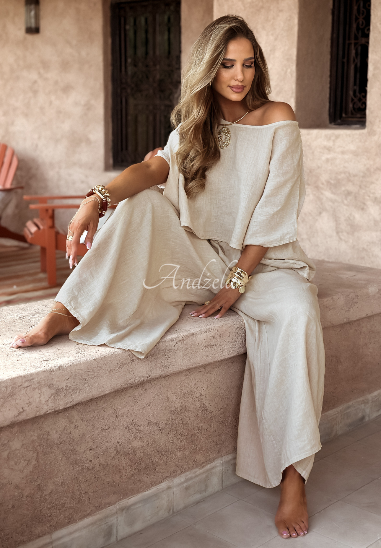 Ľanová súprava blúzka a nohavice wide leg Desert Princess svetlobéžový