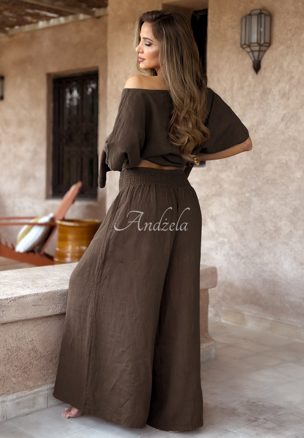 Ľanová súprava blúzka a nohavice wide leg Desert Princess čokoládový
