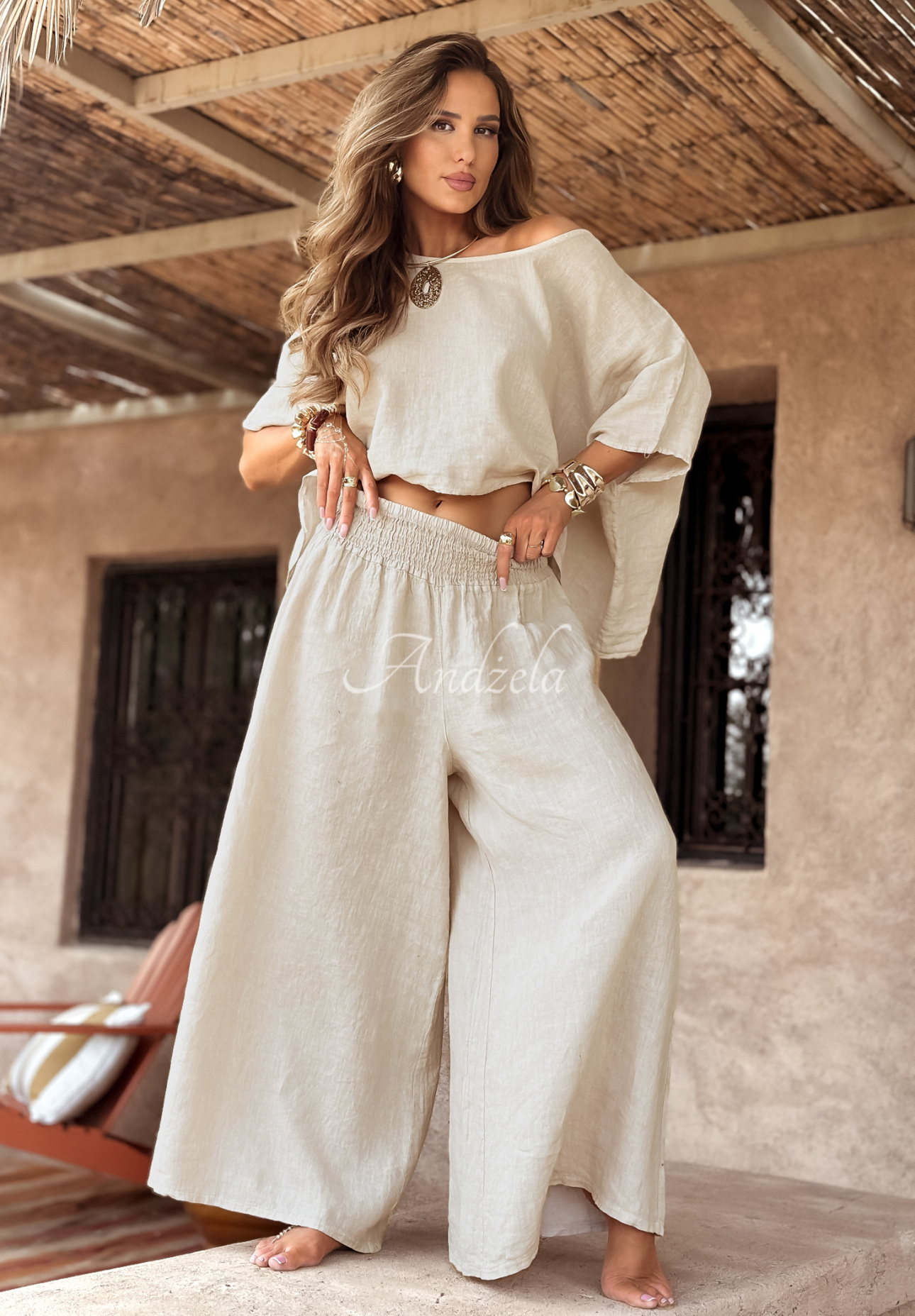 Ľanová súprava blúzka a nohavice wide leg Desert Princess svetlobéžový