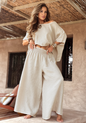 Ľanová súprava blúzka a nohavice wide leg Desert Princess svetlobéžový