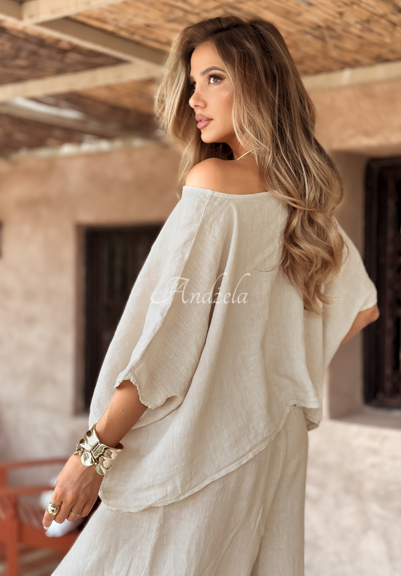 Ľanová súprava blúzka a nohavice wide leg Desert Princess svetlobéžový