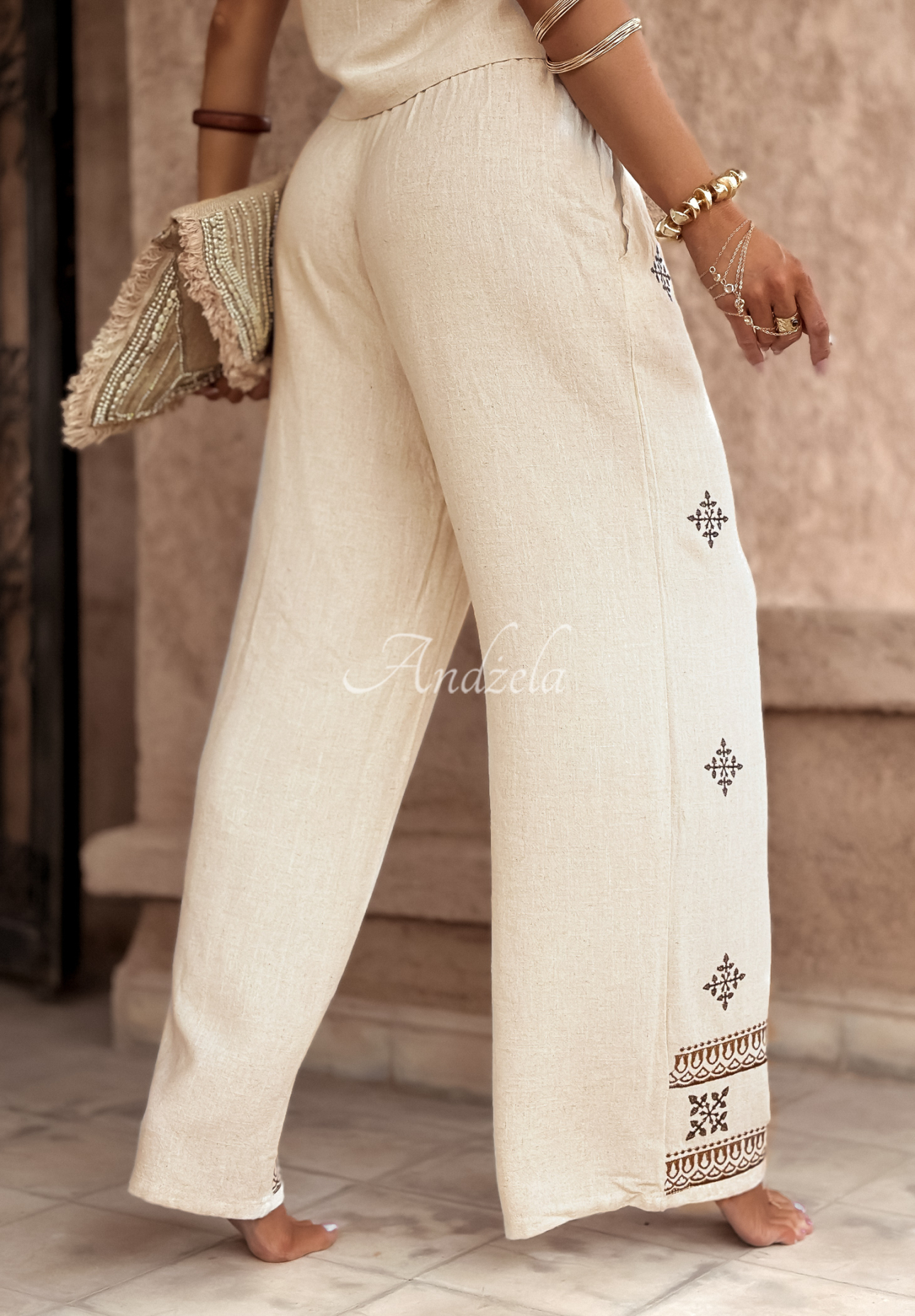 Nohavice wide leg s výšivkami boho Worth A Visit svetlobéžové