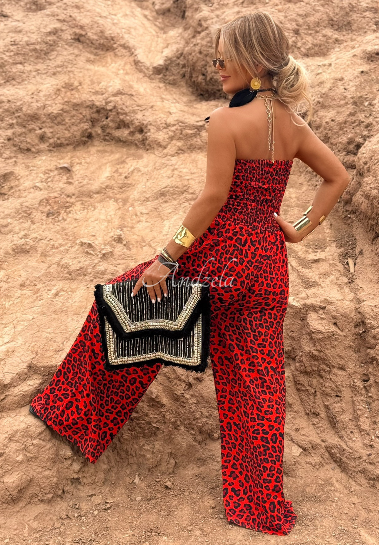Dlhý overal wide leg s leopardím vzorom Wild Fusion červený