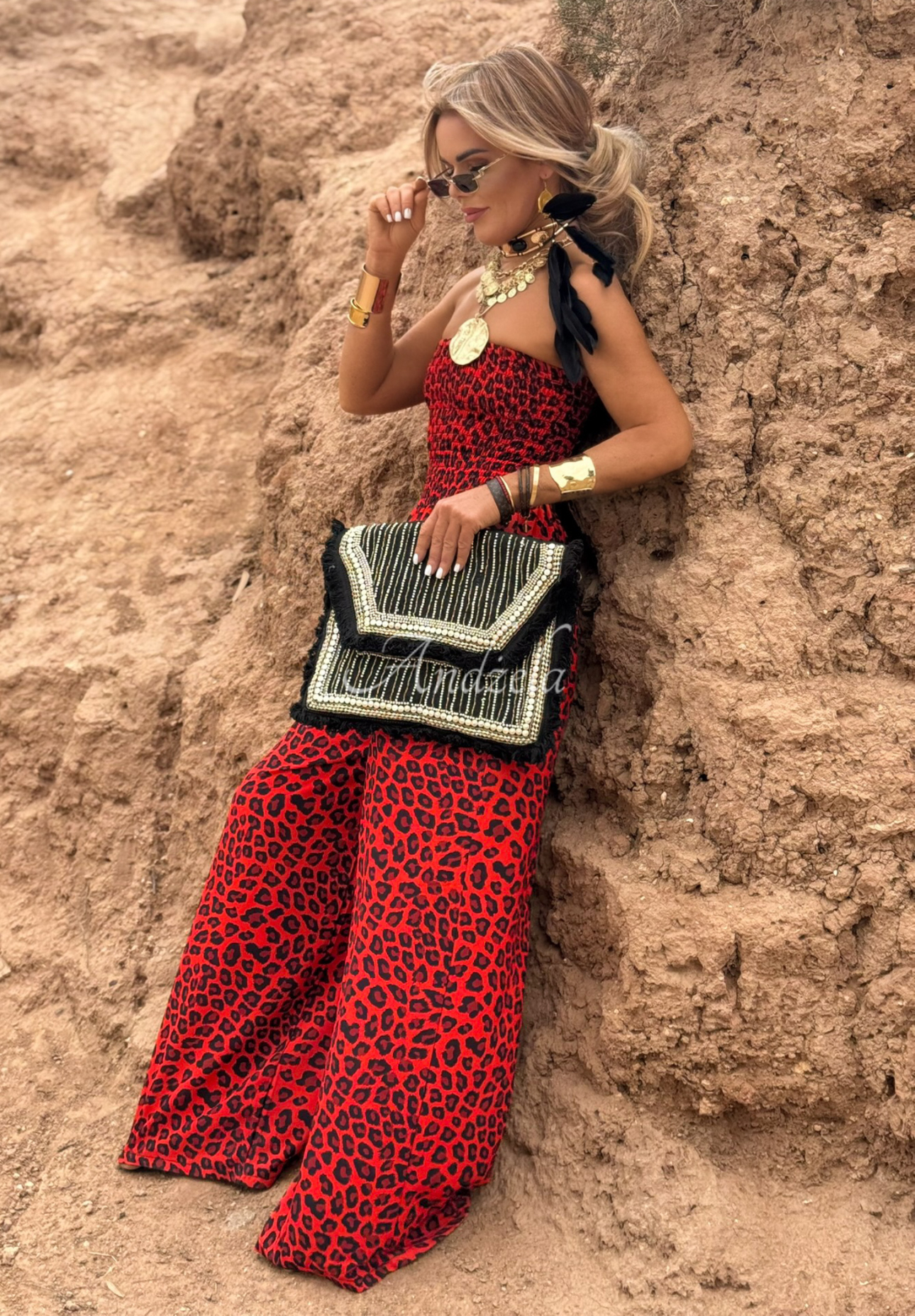 Dlhý overal wide leg s leopardím vzorom Wild Fusion červený