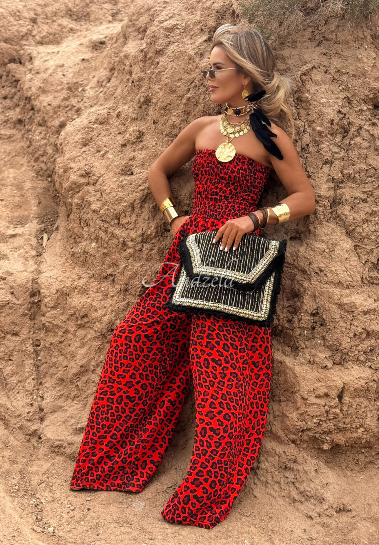 Dlhý overal wide leg s leopardím vzorom Wild Fusion červený
