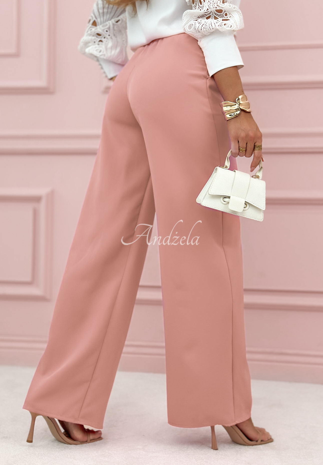 Elegantné nohavice wide leg Glamour Flow púdrovo ružová