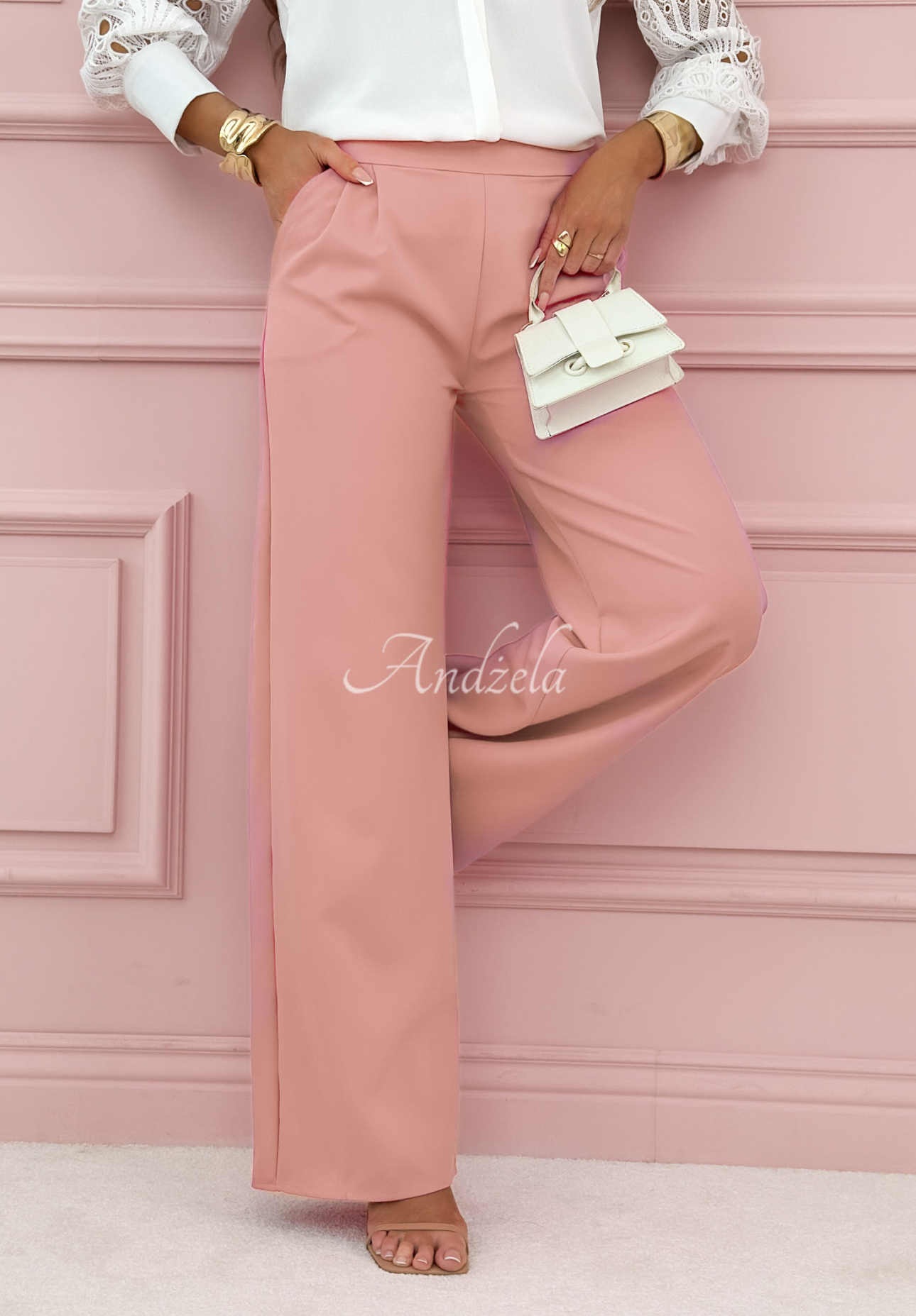 Elegantné nohavice wide leg Glamour Flow púdrovo ružová