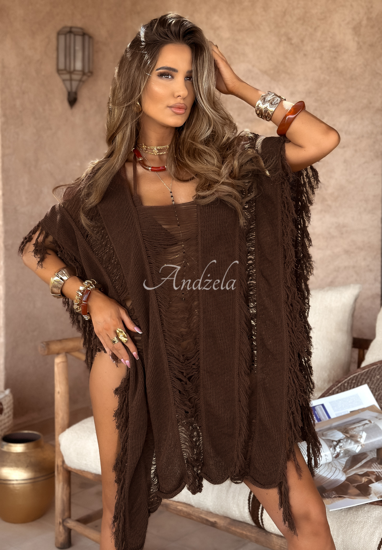Ažúrový plážový prehoz so strapcami boho Agafay Desert čokoládová