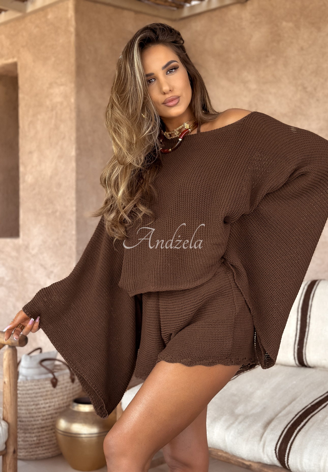 Ažúrové šortky boho Agafay Desert čokoládové