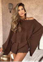 Krótki ażurowy Sveter z szerokimi rękawami boho Sunshine Perfection čokoládový