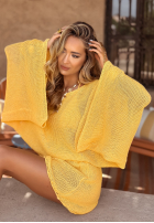 Krótki ażurowy Sveter z szerokimi rękawami boho Sunshine Perfection banánový