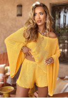 Krótki ażurowy Sveter z szerokimi rękawami boho Sunshine Perfection banánový