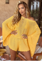 Krótki ażurowy Sveter z szerokimi rękawami boho Sunshine Perfection banánový