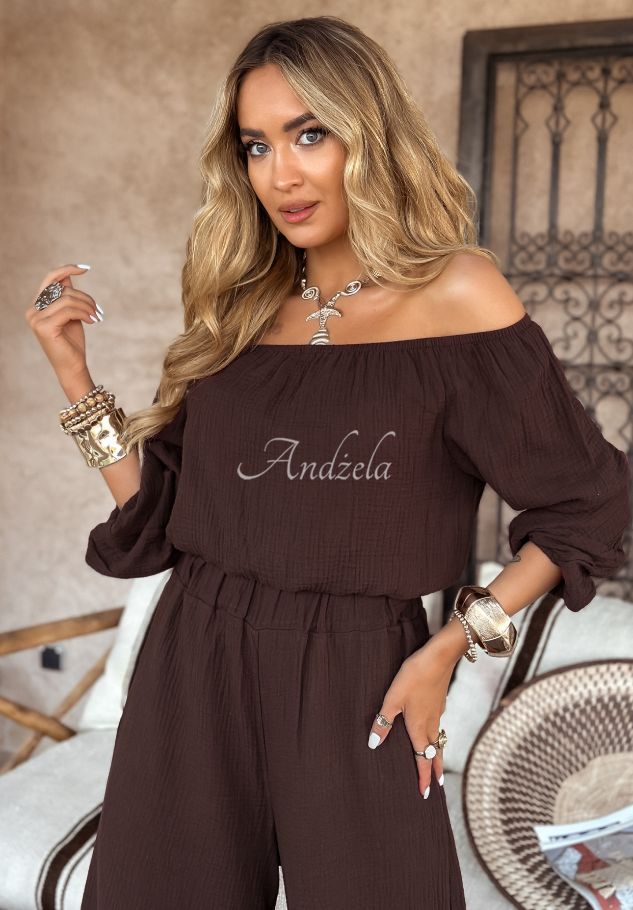 Mušelínové nohavice wide leg Malta čokoládové