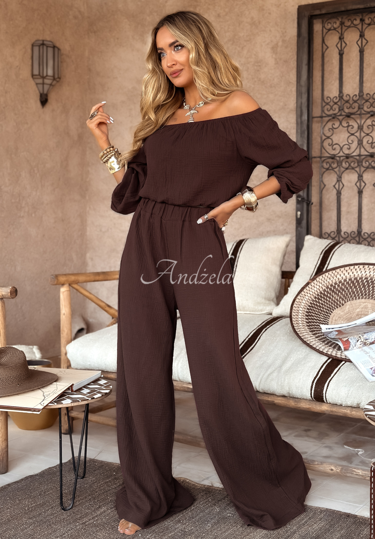 Mušelínové nohavice wide leg Malta čokoládové
