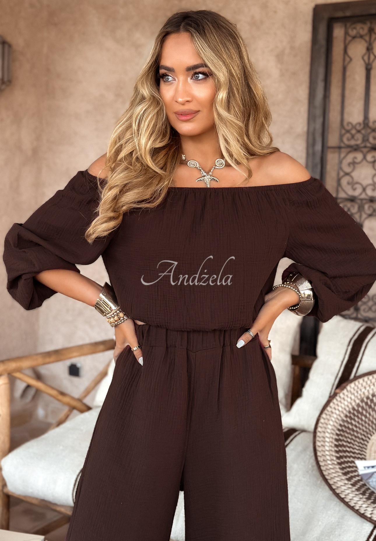 Mušelínové nohavice wide leg Malta čokoládové