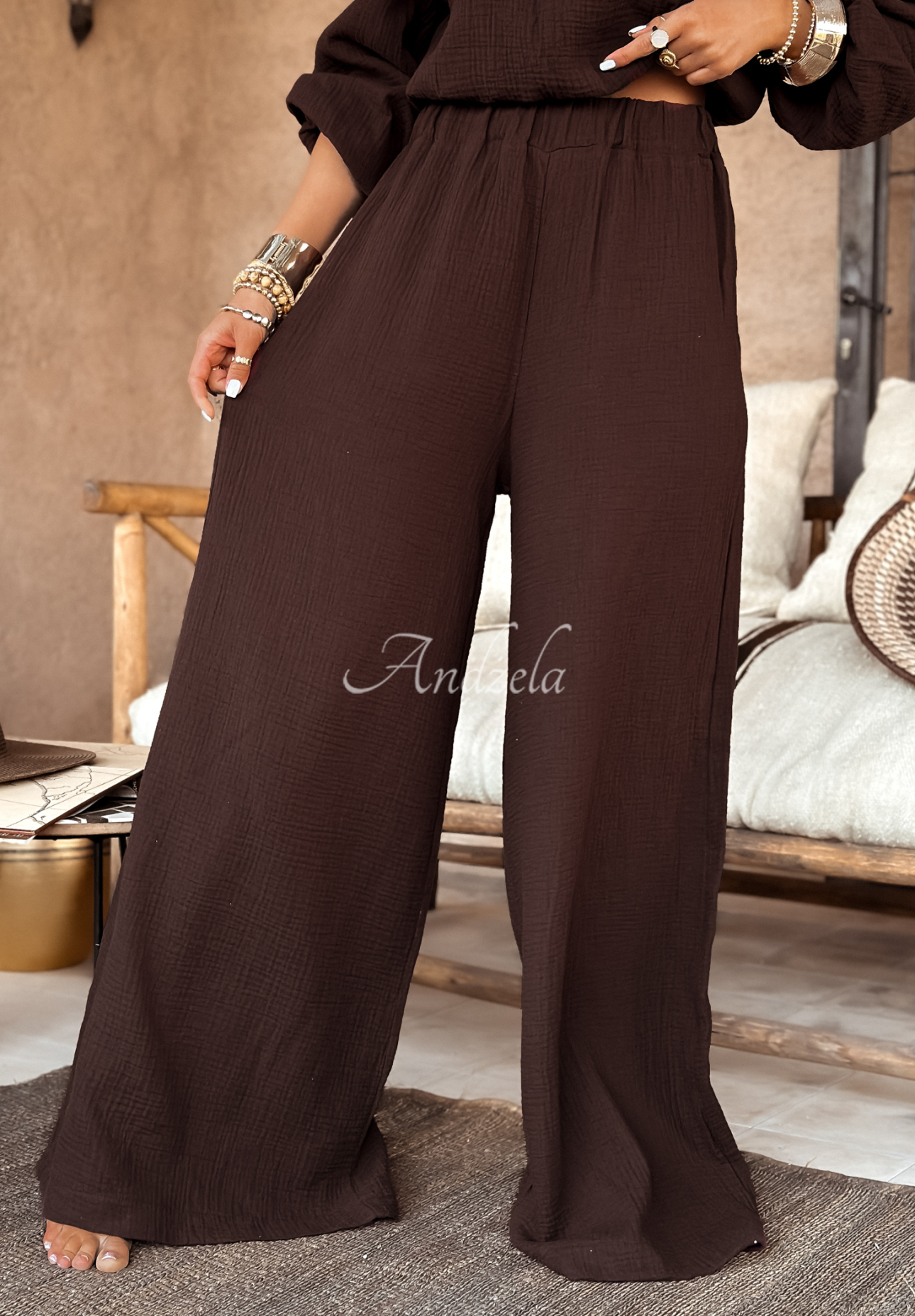 Mušelínové nohavice wide leg Malta čokoládové