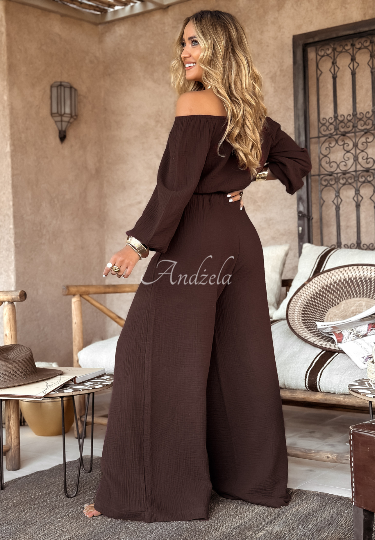 Mušelínové nohavice wide leg Malta čokoládové