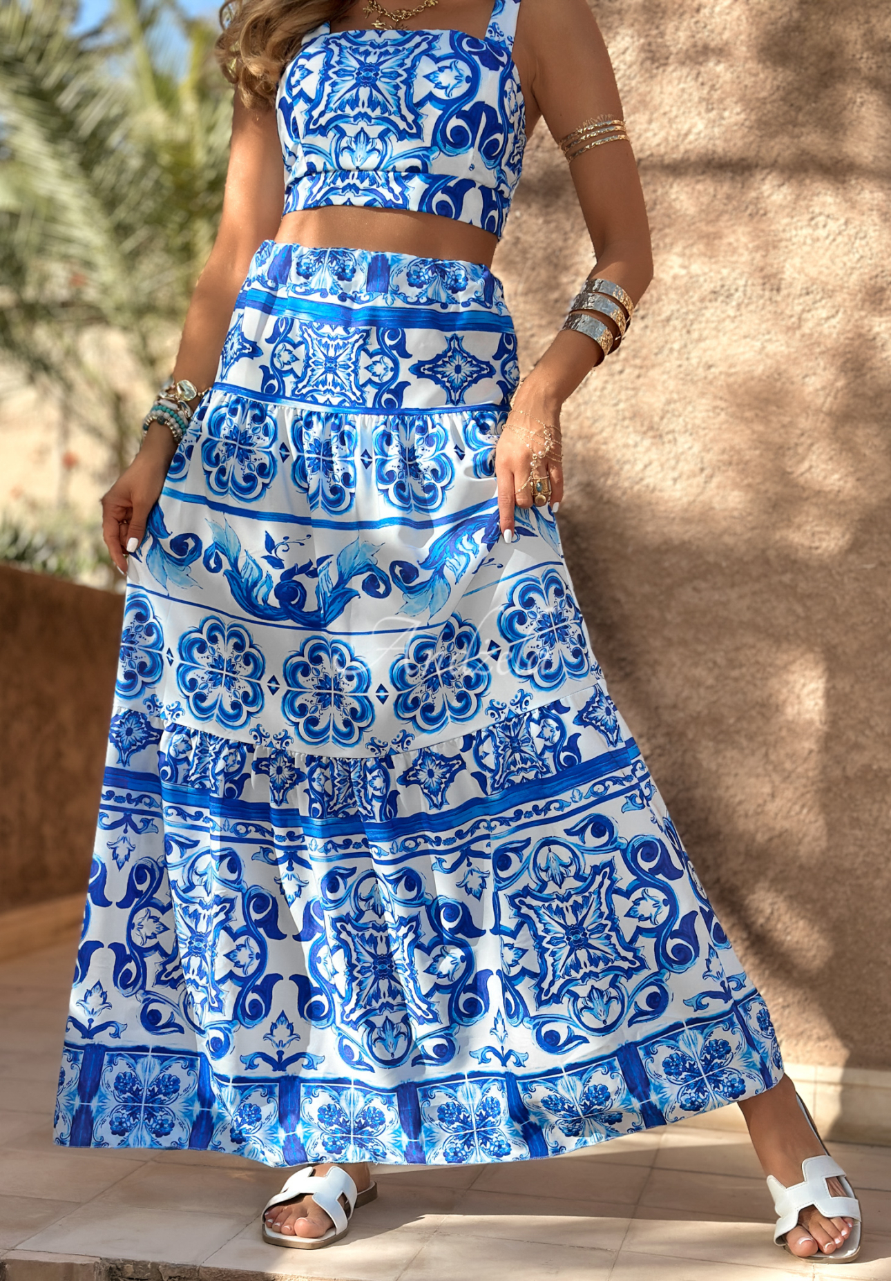 Súprava top na ramienka a sukňa so vzormi Marrakesh Mosaic bielo-modrý