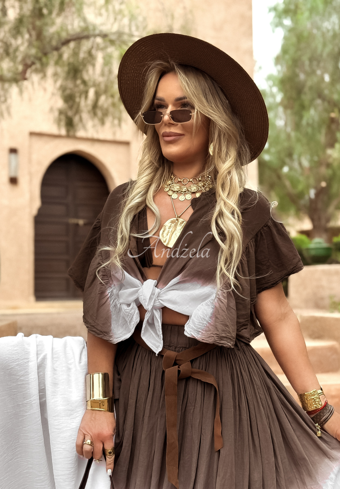 Košeľa s viazaním ombre Moroccan Chocolate bielo-hnedá