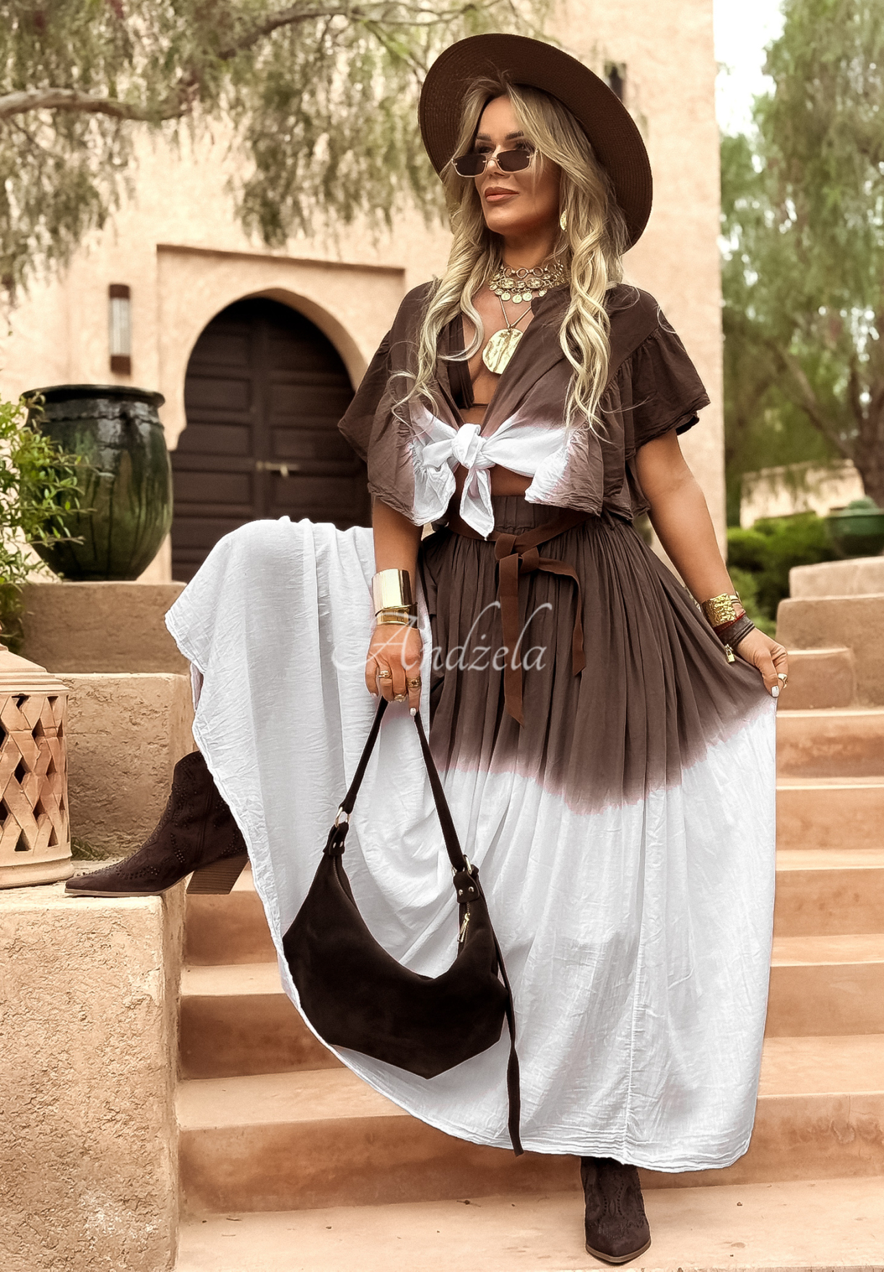 Sukňa maxi s opaskom ombre Moroccan Chocolate bielo-hnedá