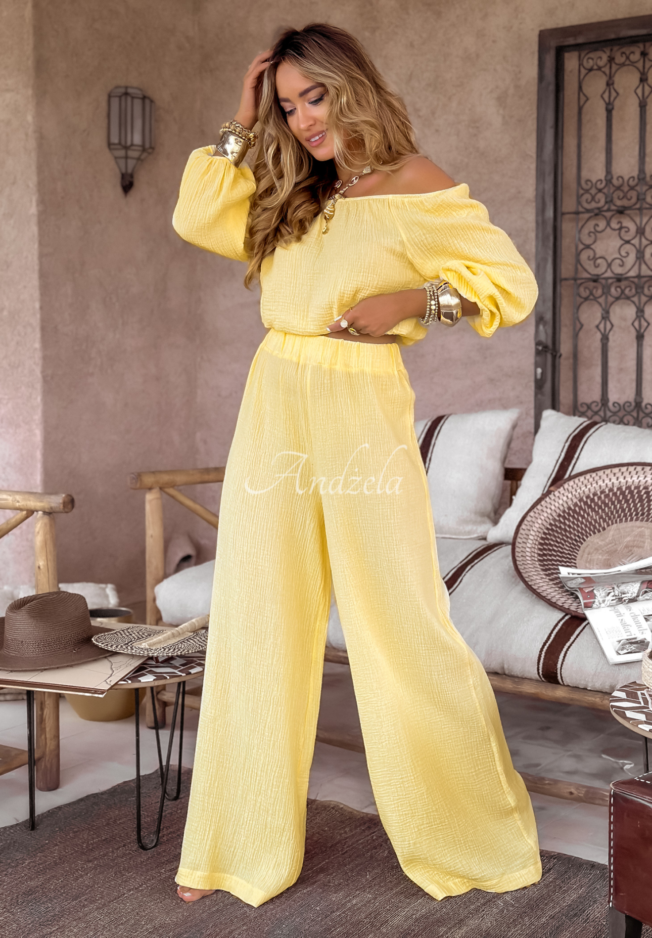 Mušelínové nohavice wide leg Malta banánové