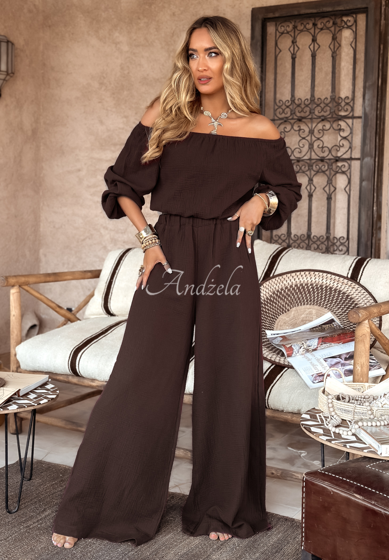 Mušelínové nohavice wide leg Malta čokoládové