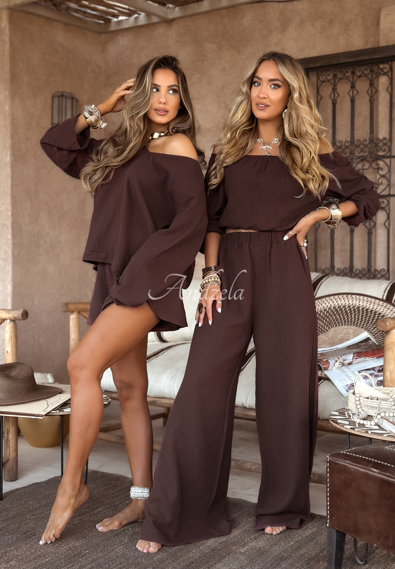Mušelínové nohavice wide leg Malta čokoládové