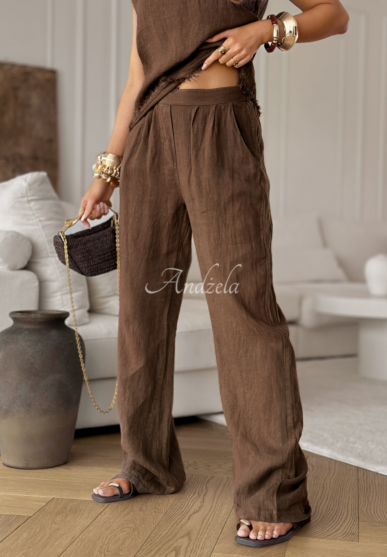 Ľanové nohavice wide leg Desert Princess čokoládové