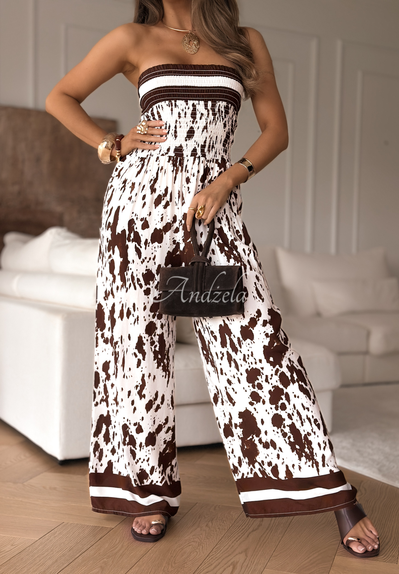Dlhý viskózový overal wide leg so zvieracou potlačou Wild Fusion bielo-čokoládový
