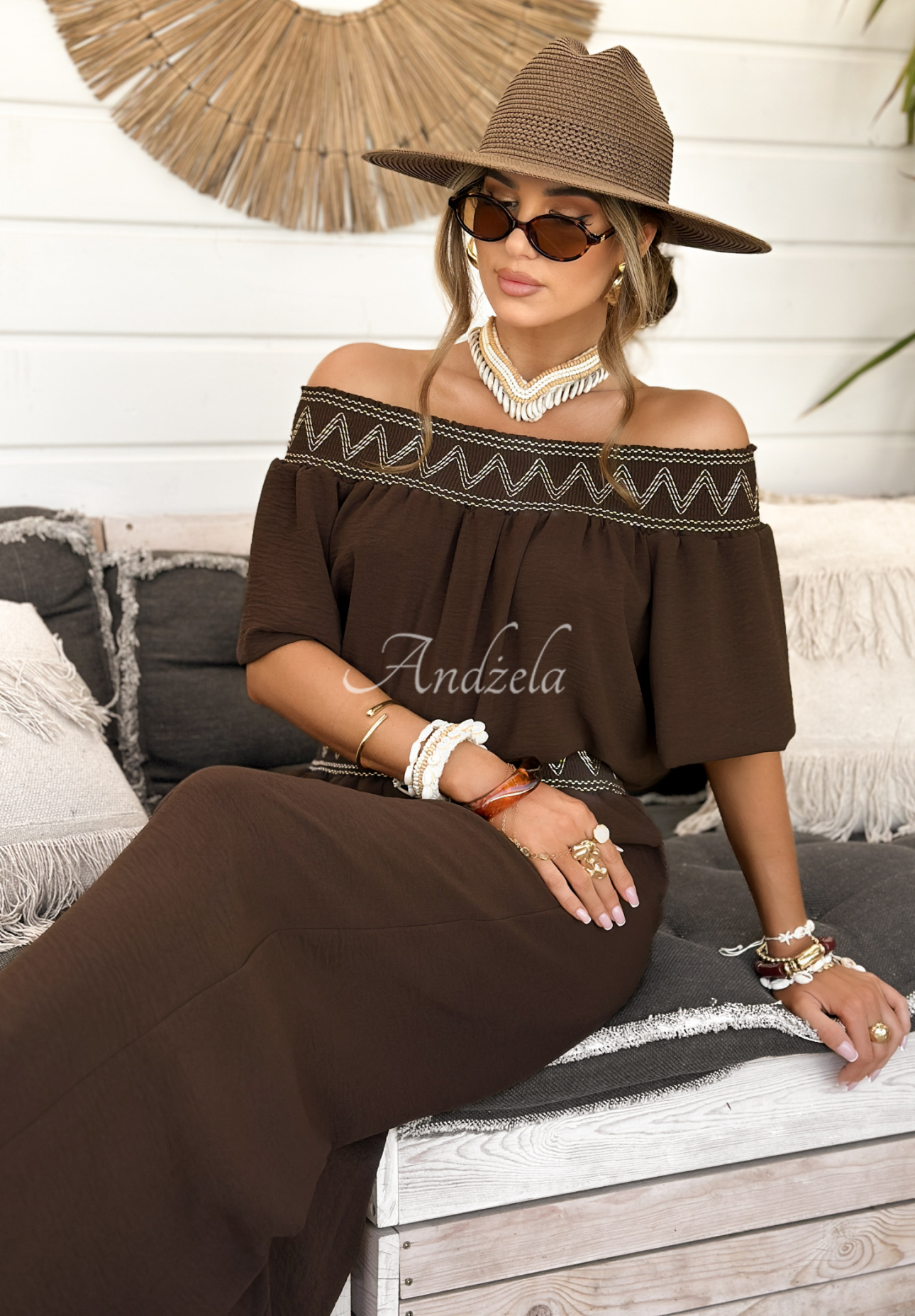 Vyšívaná súprava blúzka a nohavice wide leg Summer Life čokoládový