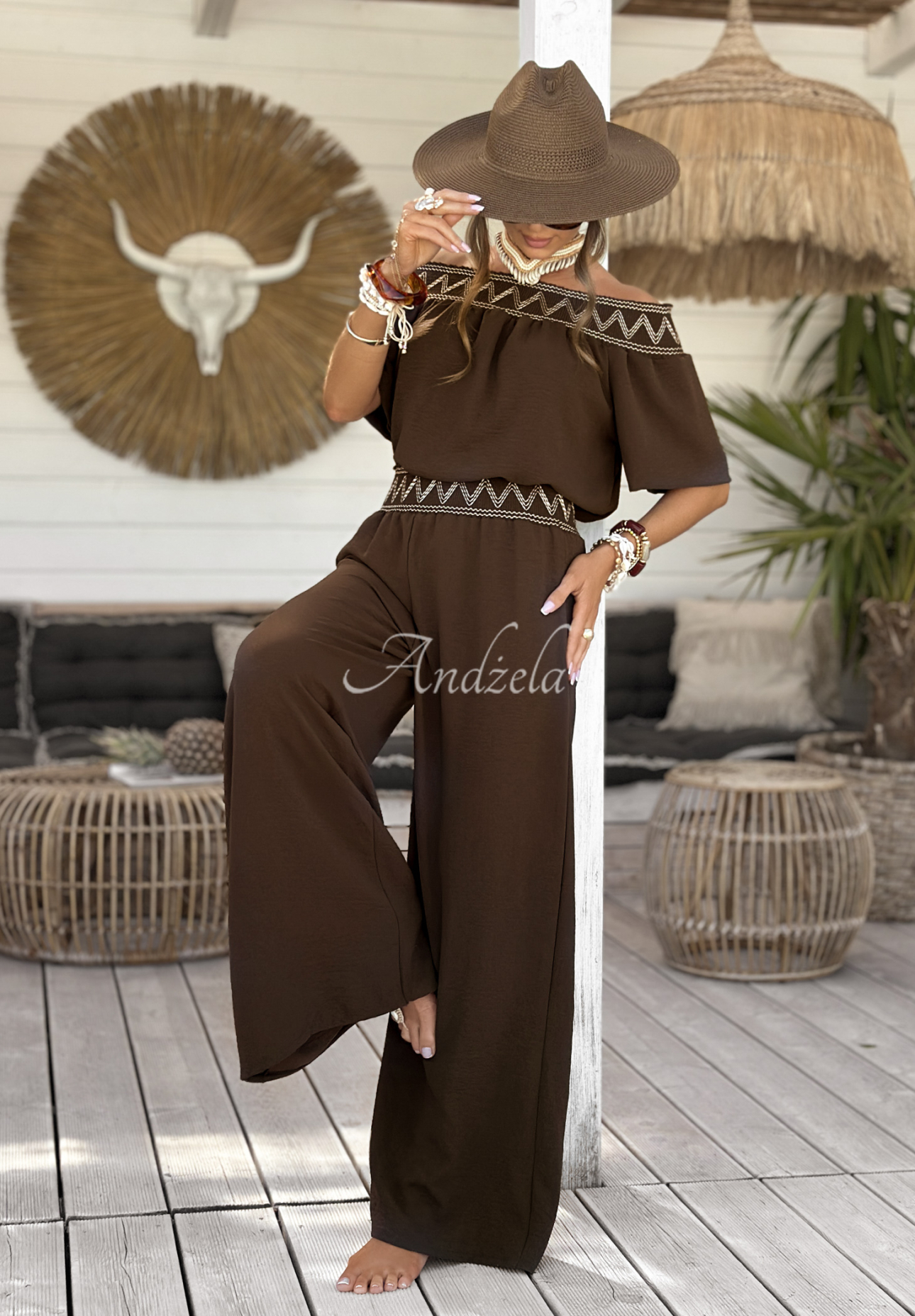Vyšívaná súprava blúzka a nohavice wide leg Summer Life čokoládový