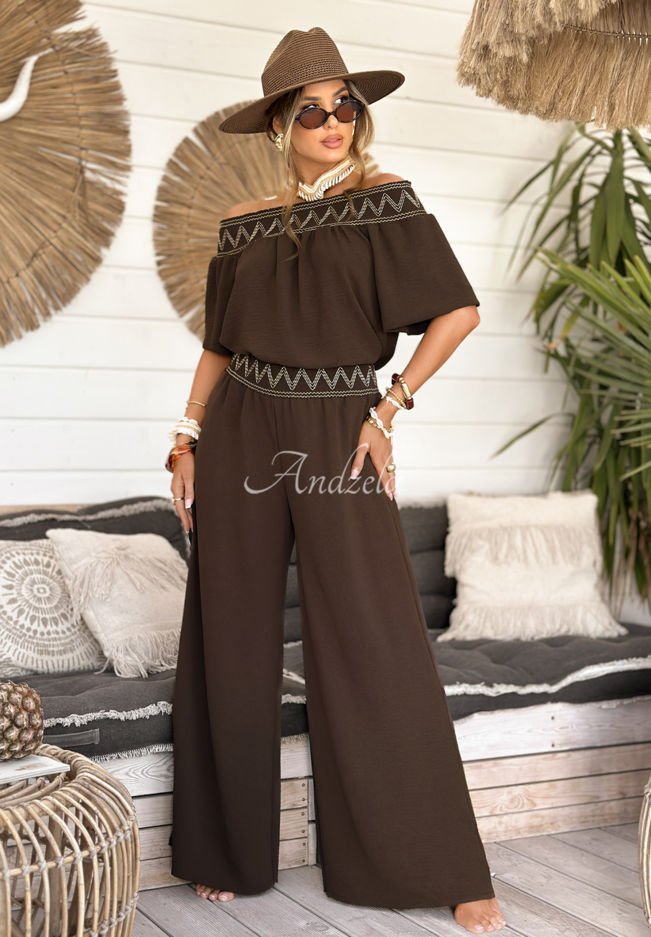 Vyšívaná súprava blúzka a nohavice wide leg Summer Life čokoládový