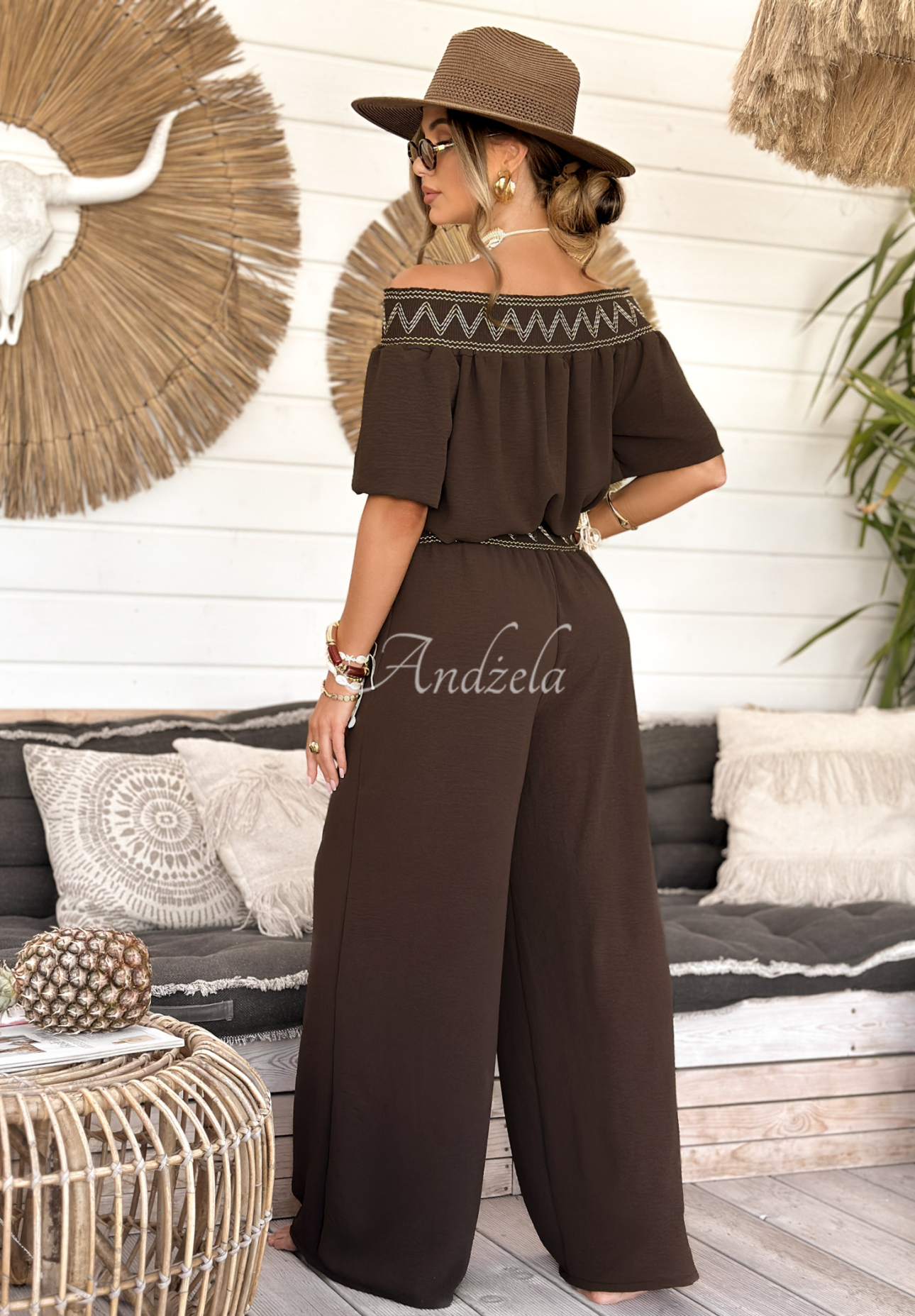 Vyšívaná súprava blúzka a nohavice wide leg Summer Life čokoládový