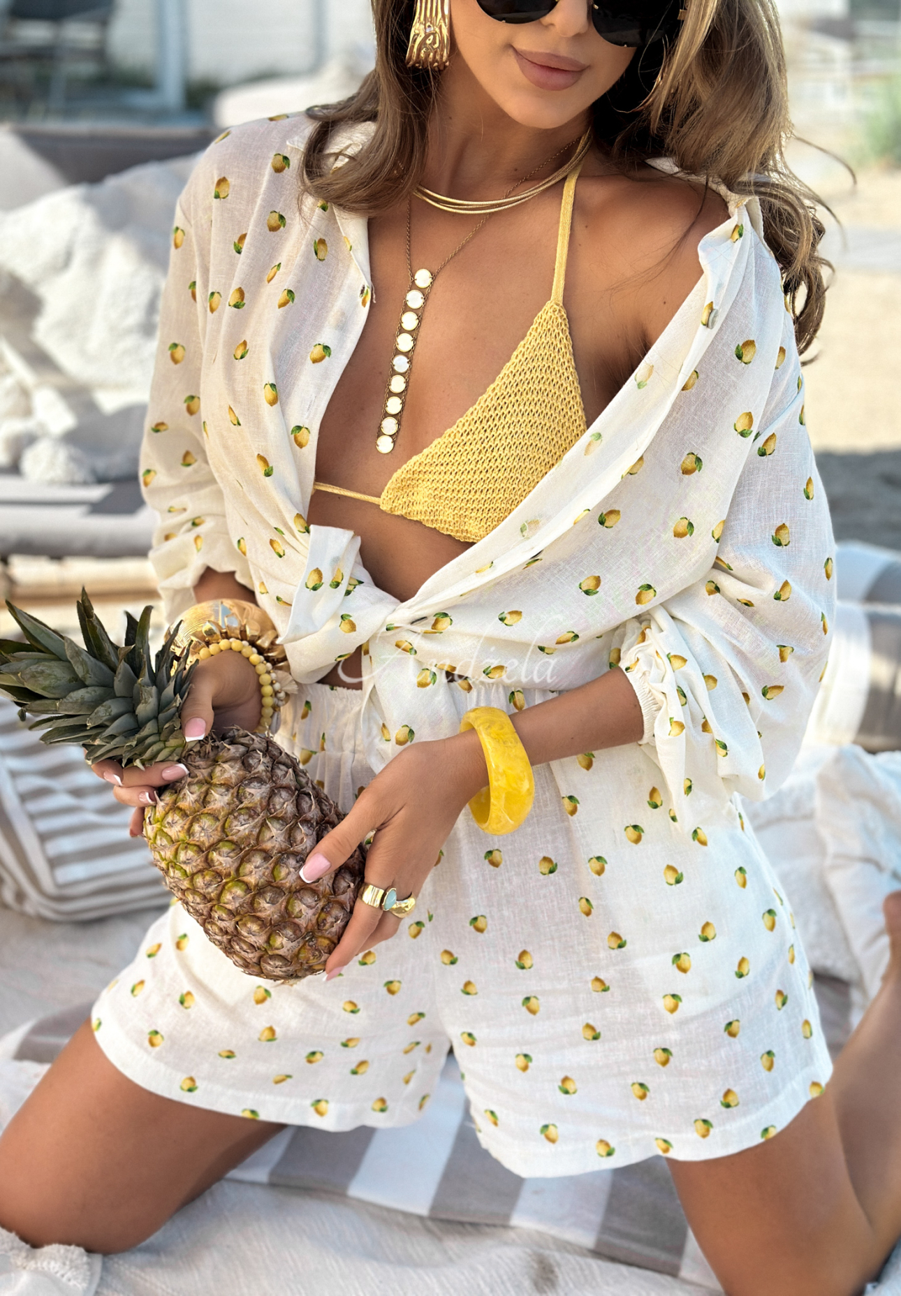Ľanová súprava košeľa a šortky s citrónmi Fresh Lemon Juice ecru
