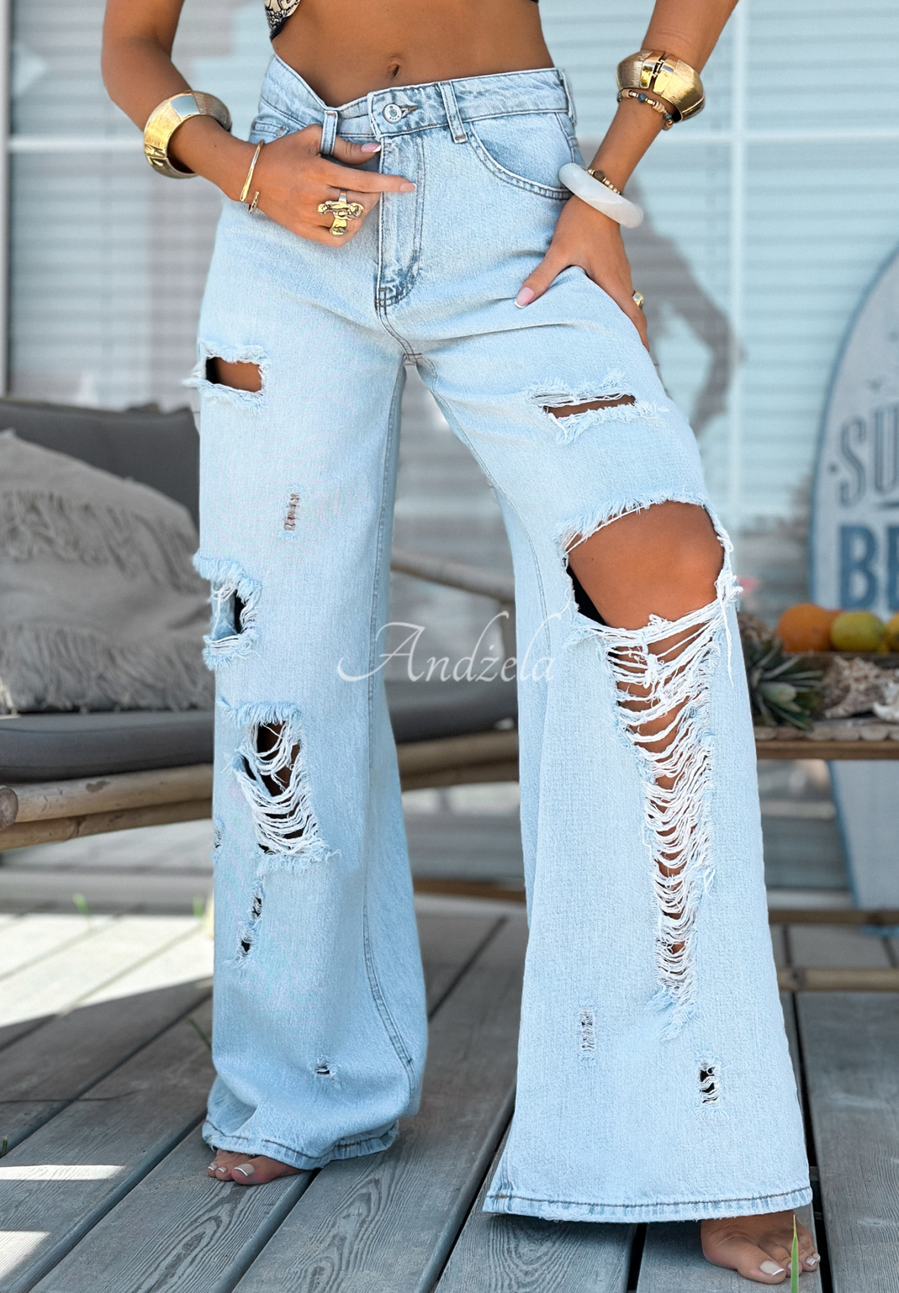 Džínsy wide leg s odreninami Stunning Choice svetlomodré
