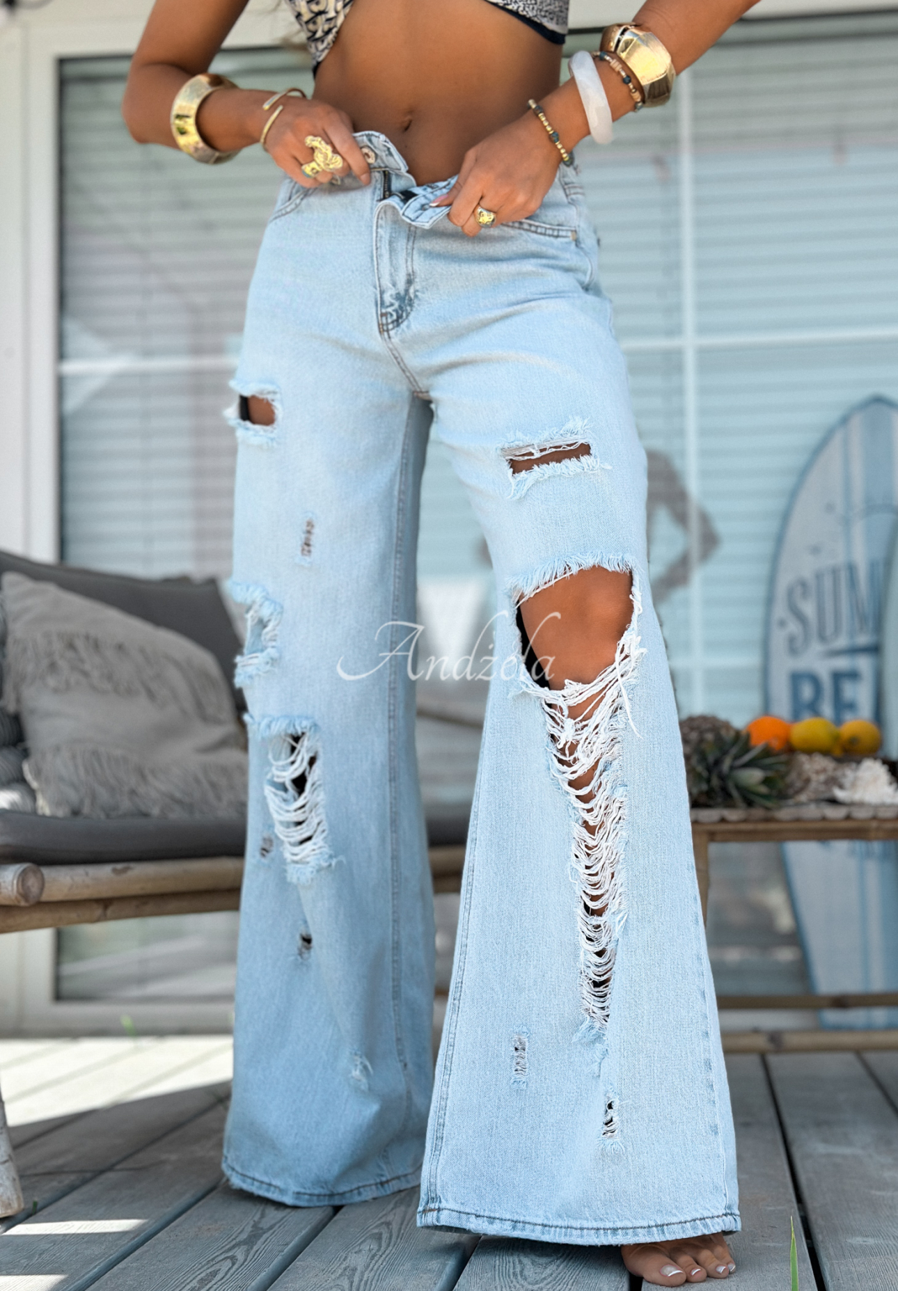 Džínsy wide leg s odreninami Stunning Choice svetlomodré