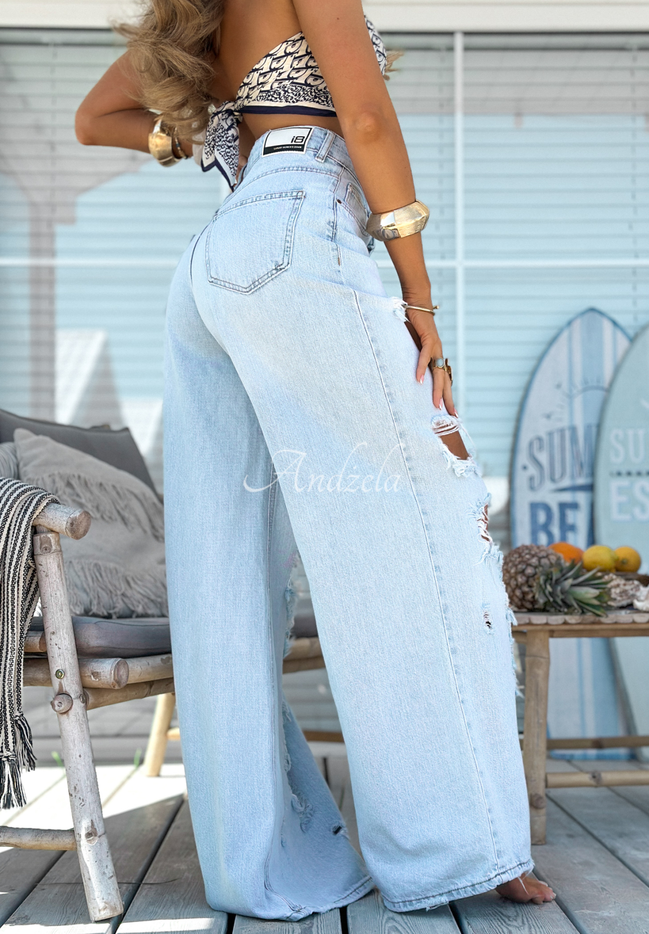 Džínsy wide leg s odreninami Stunning Choice svetlomodré