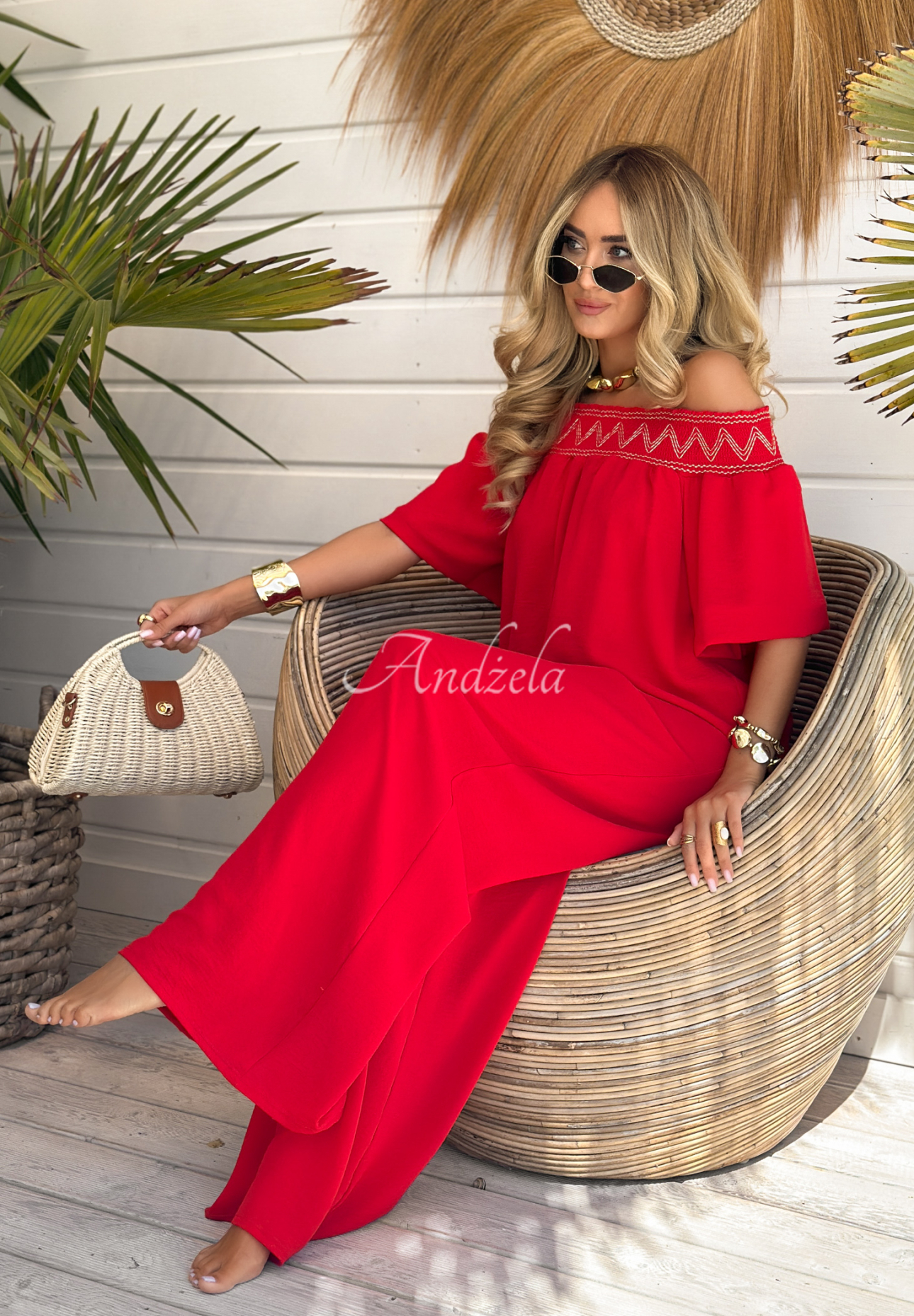 Vyšívaná súprava blúzka a nohavice wide leg Summer Life červený